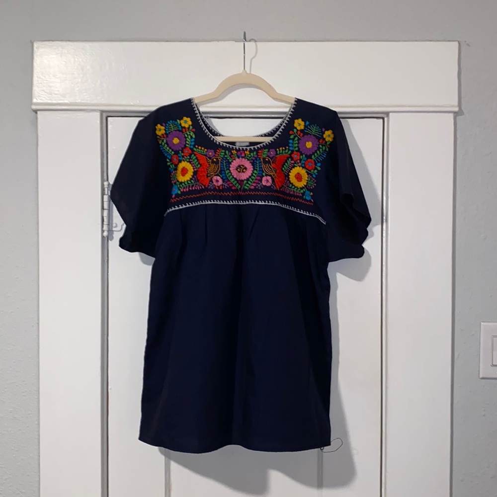 Navy Blue Embroidered Vintage Blouse